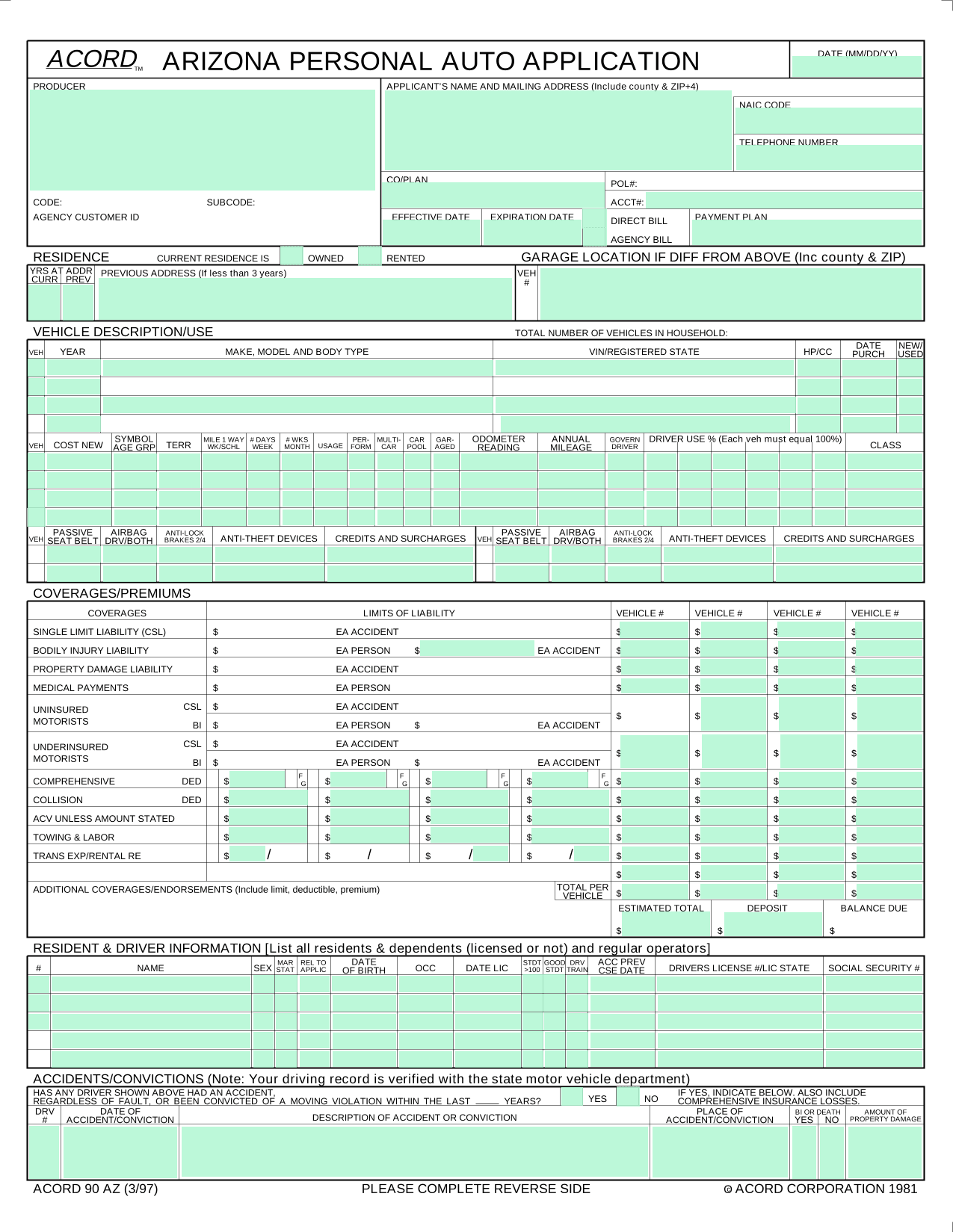 Arizona Personal Auto Application (ACORD 90 AZ) screenshot